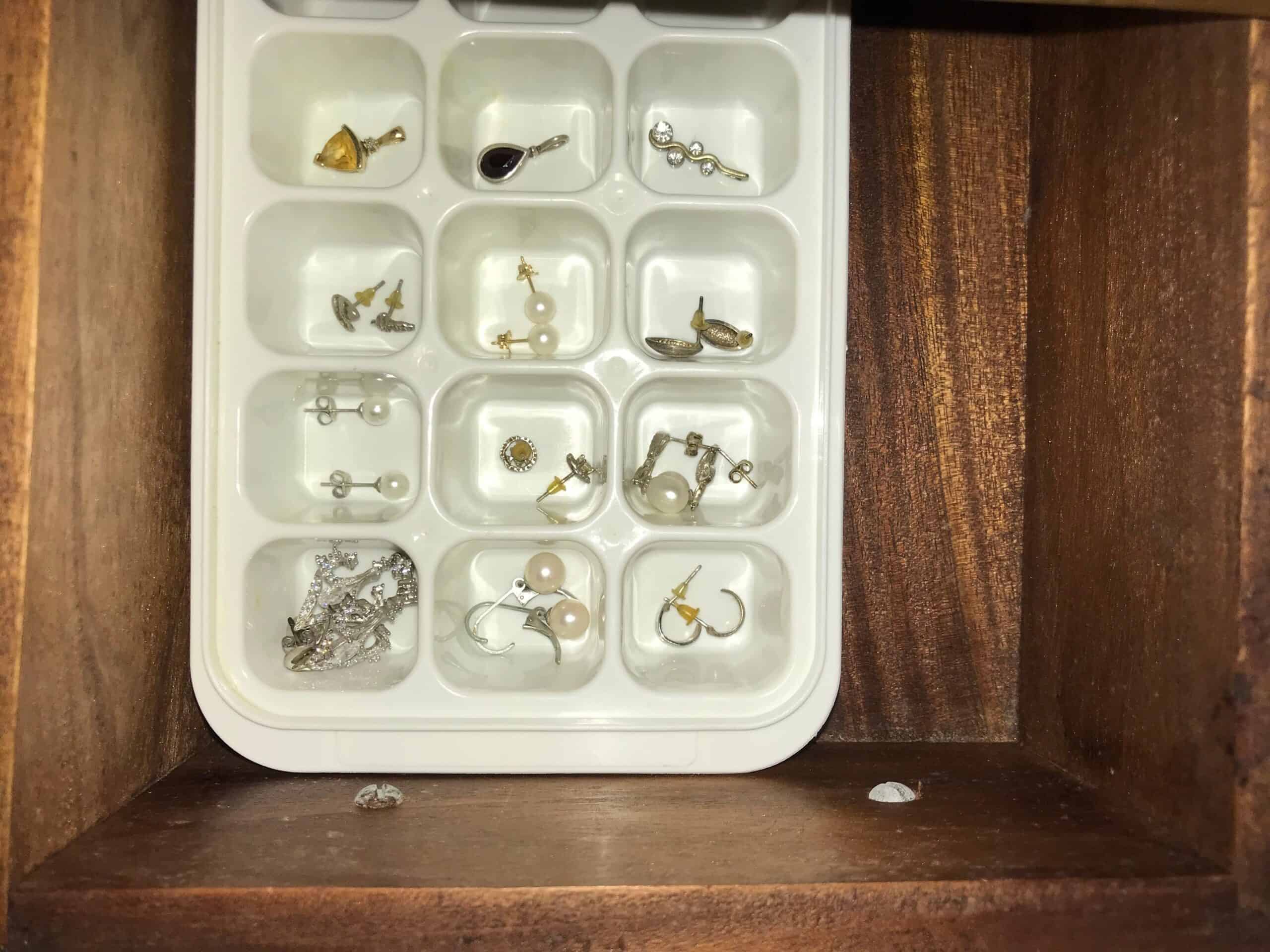 cheap organization idea for earrings using ice cube tray